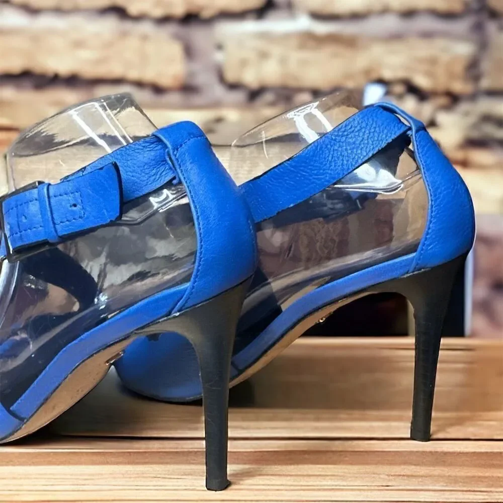 Charles David Blue Leather Stiletto Sandals Peep Toe Ankle Strap Women's Size 8
